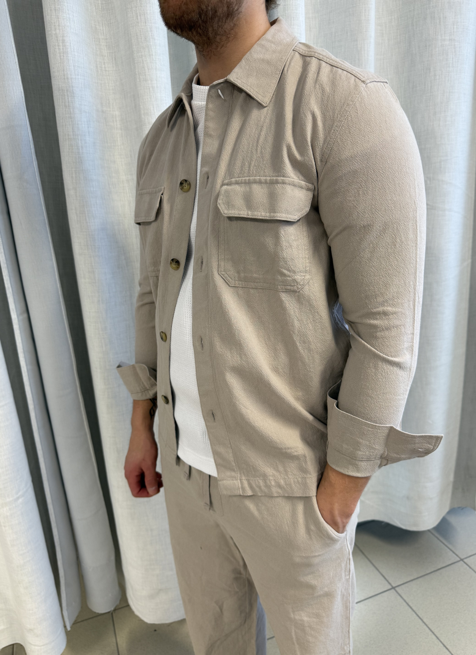 Overshirt i Bomull & Linne, Beige